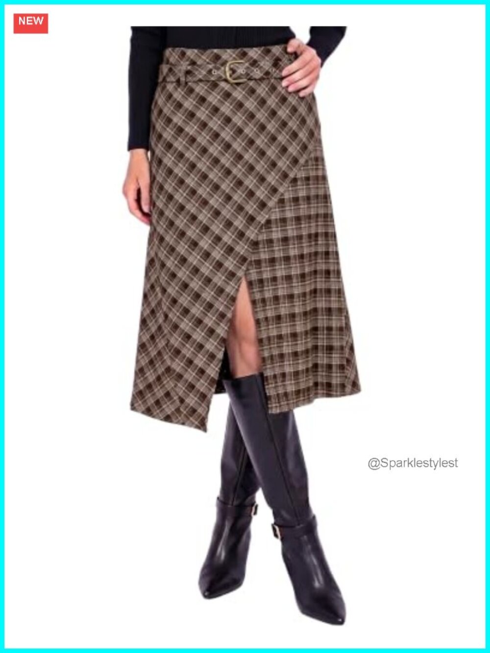 Plaid Midi A-Line Skirt High Waist Belted Asymmetrical Hem